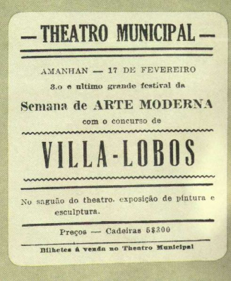 A imagem mostra um Cartaz da Semana de Arte Moderna. Brasil, cidade de São Paulo, 1922.